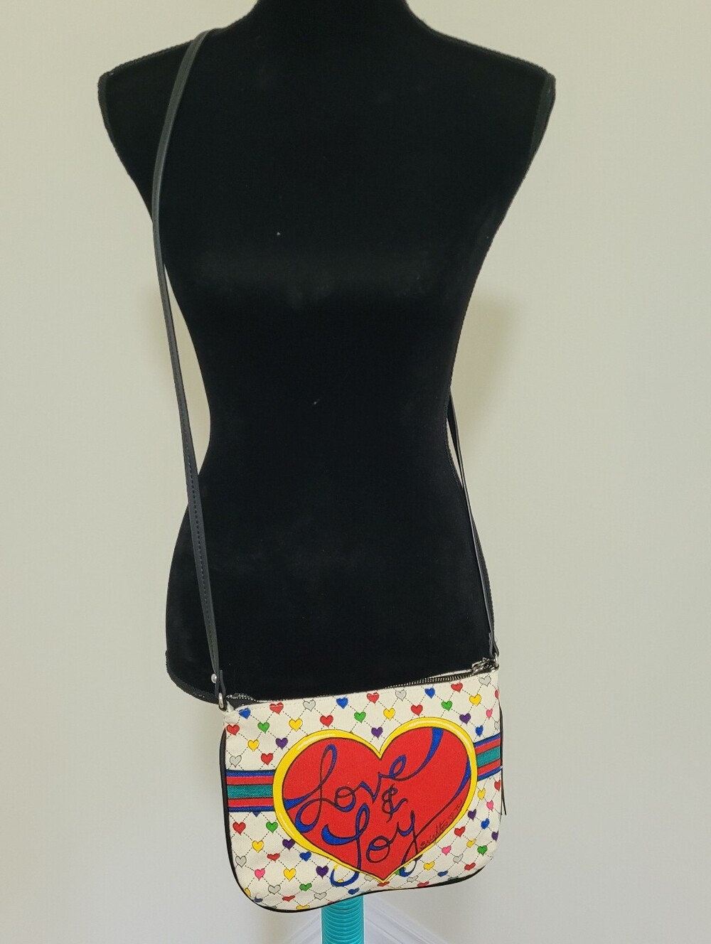 Brighton Women's Love & Joy Canvas Tasseled Pouch Crossbody Purse Fun Graphic